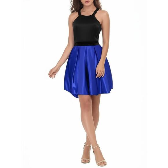 Teeze Me HOCO Dress Junior 3 Halter Cocktail Black Royal Blue Pleated Keyhole - Picture 1 of 10
